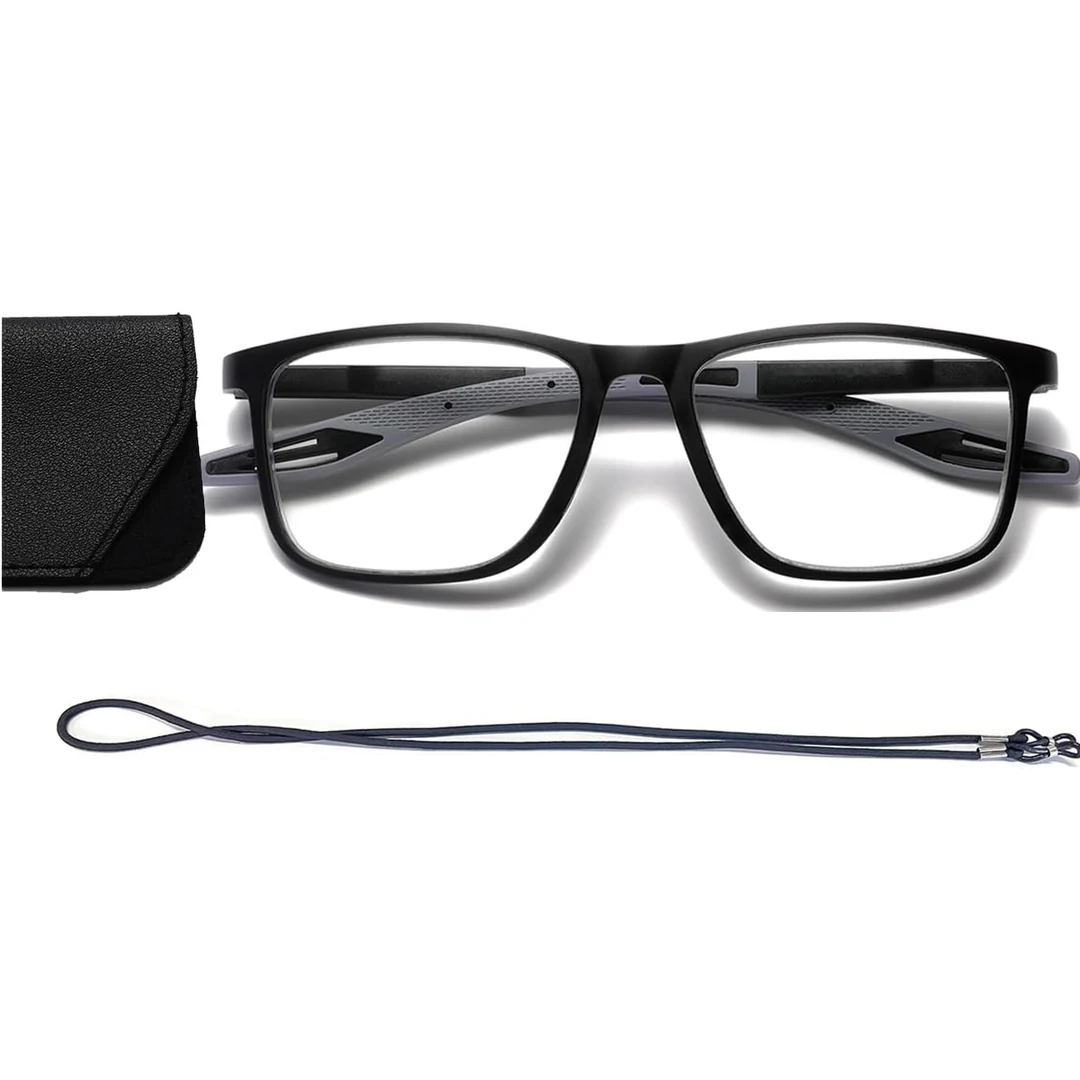 Las gafas negras, el cordón y la funda blanda negra, sobre fondo blanco