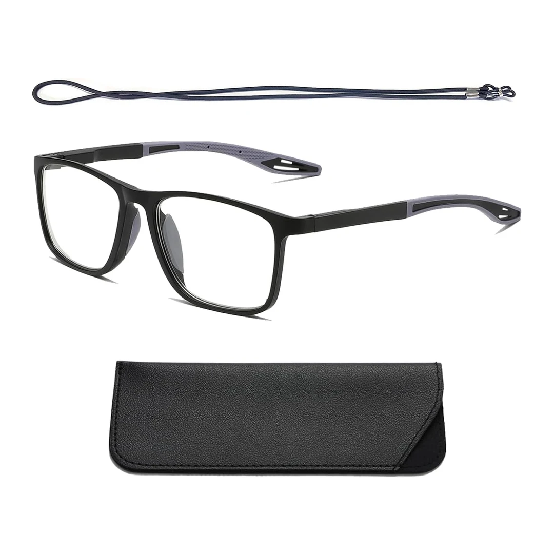 Las gafas negras con patillas grises, la funda blanda negra y el cordón, sobre fondo blanco